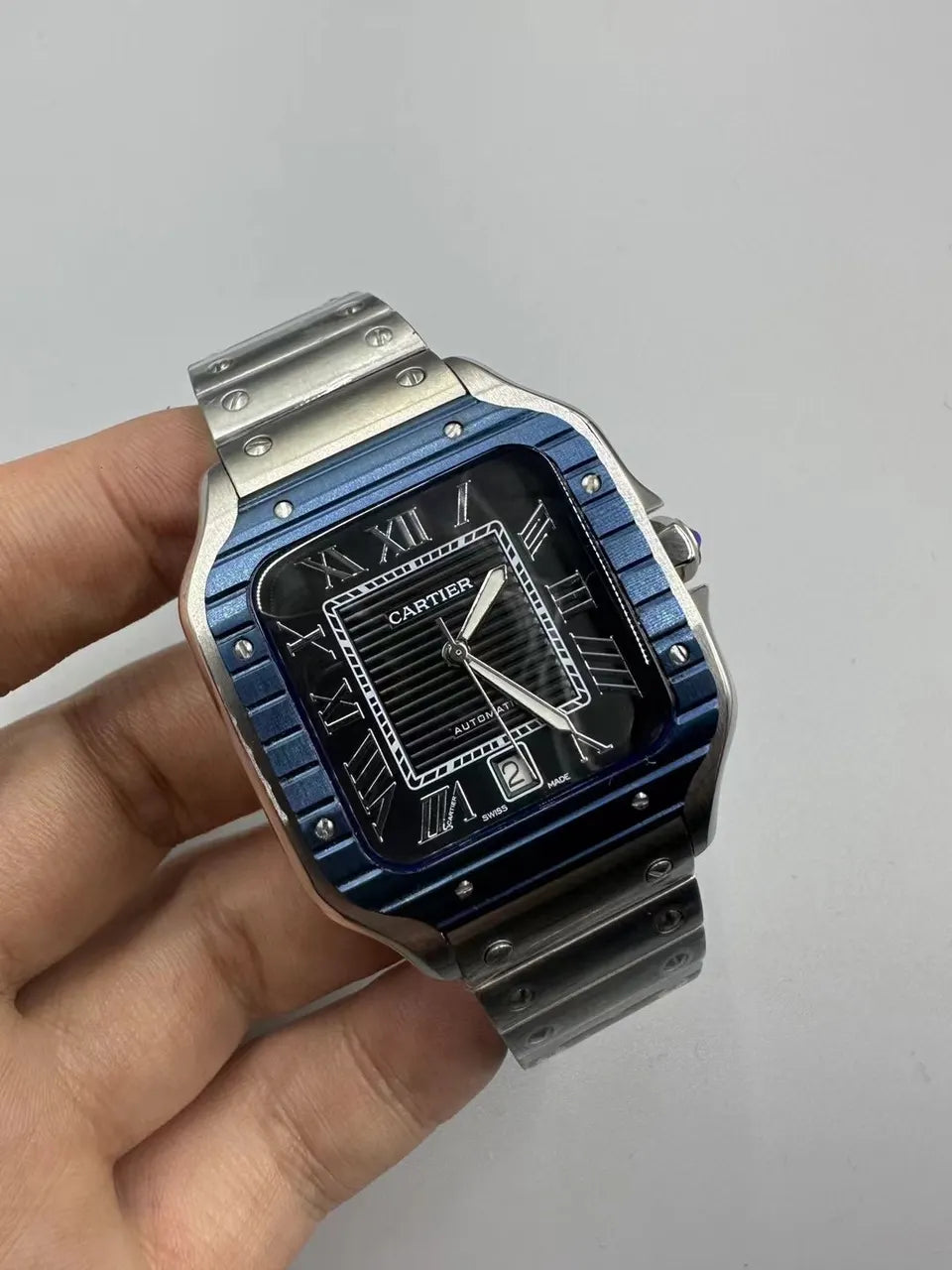 steel Cartier Santos Blue Bezel