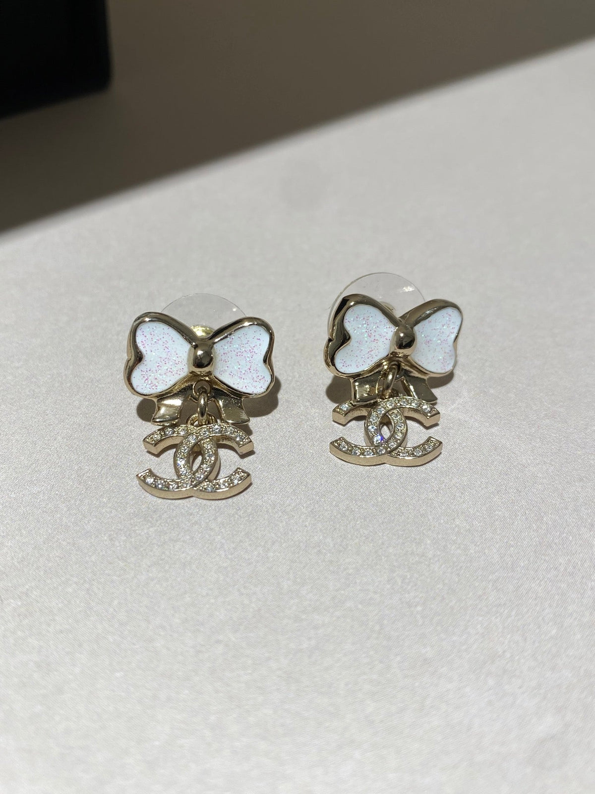 Chanel Fine Sparkling Bow Gold MOP Earrings