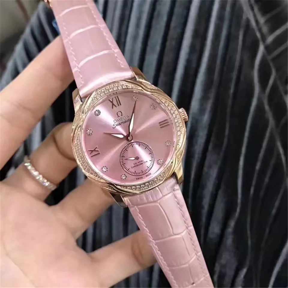 Omega Pink Leather Diamond Bezel - Hình 4